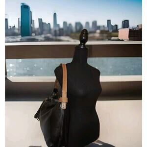 BRIGHTON London Groove Marley Black Leather Tassel Shoulder Hobo Bag 14x13x4